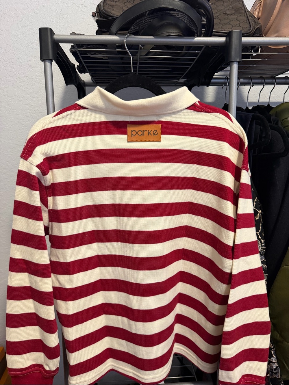 Parke Red and Cream Striped Long Sleeve Polo Tee - Picture 2 of 2